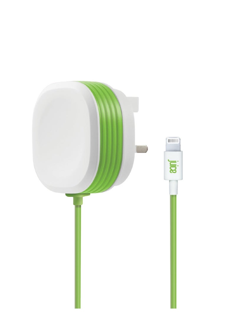 جوس شاحن JUICE بقدرة 20 واط مع كابل Lightning مدمج بطول 1.5 متر | شاحن رئيسي متوافق مع Apple Lightning | لشحن سريع لهواتف iPhone وiPad | معتمد من Apple MFI | تصميم مدمج مع تقنية القبضة الآمنة – باللون الأبيض والأخضر. - Image 1